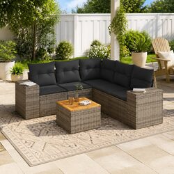 Garden Sofa Set 6 Piece Grey Poly Rattan Outdoor Furniture with Storage Cushions