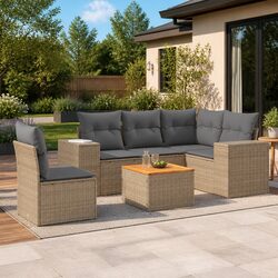 Garden Sofa Set 6 Piece Outdoor Furniture Patio Beige Poly Rattan with Storage