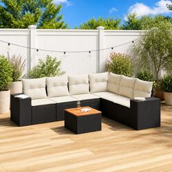 7 Piece Outdoor Garden Sofa Set with Storage Cushions Black Poly Rattan Patio