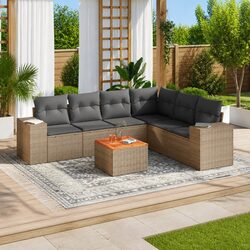Garden Sofa Set 7 Piece Outdoor Furniture Beige Poly Rattan Modular Patio