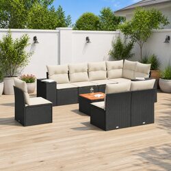 Garden Sofa Set 9 Piece Outdoor Furniture Black Poly Rattan with Cushions