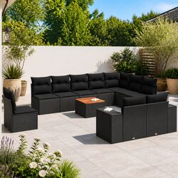 Garden Sofa Set 11 Piece Outdoor Furniture Black Poly Rattan Modular Patio