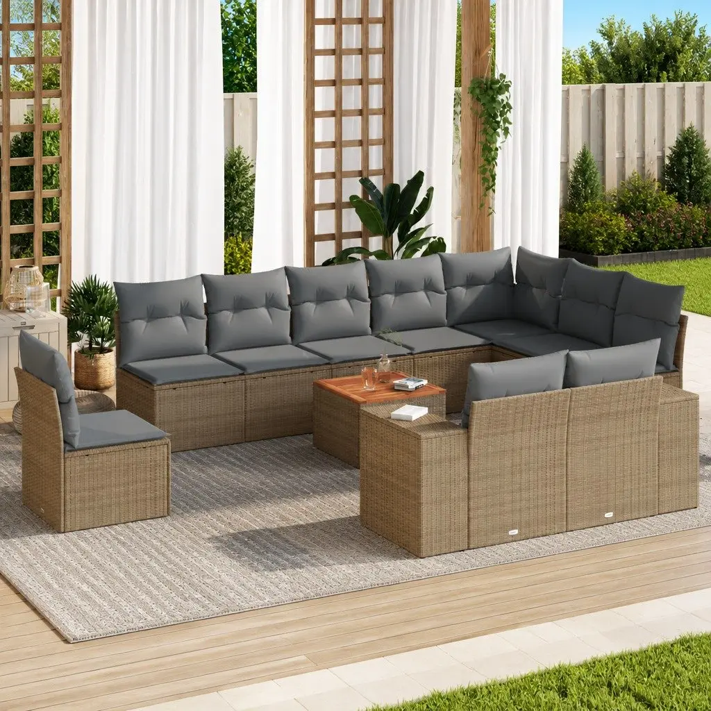 11 Piece Garden Sofa Set Beige Poly Rattan Outdoor Furniture Patio Lounge with