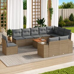 11 Piece Garden Sofa Set Beige Poly Rattan Outdoor Furniture Patio Lounge with