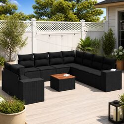 Garden Sofa Set 10 Piece Outdoor Furniture Black Poly Rattan with Cushions