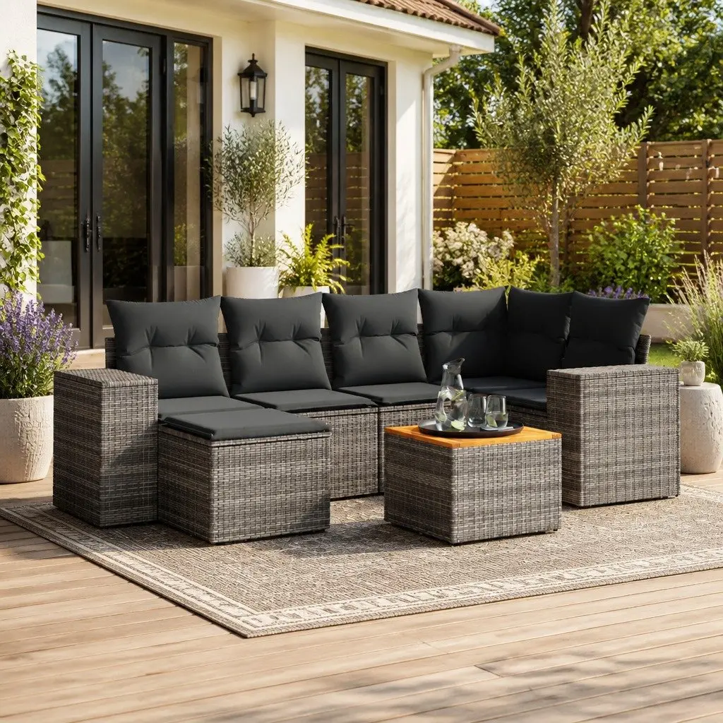 7 Piece Garden Sofa Set Grey Poly Rattan Outdoor Patio Furniture with Cushions