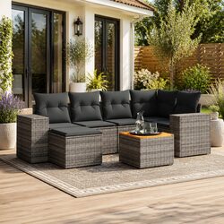 7 Piece Garden Sofa Set Grey Poly Rattan Outdoor Patio Furniture with Cushions