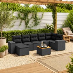 8 Piece Outdoor Garden Sofa Set with Storage Cushions Black Poly Rattan Patio