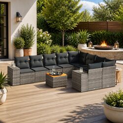 Outdoor Garden Sofa Set 10 Piece Grey Poly Rattan Patio Furniture with Cushions