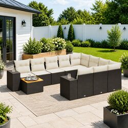 11 Piece Outdoor Garden Sofa Set Black Poly Rattan Patio Furniture with Storage