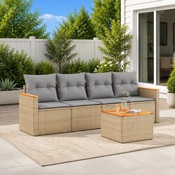 5 Piece Outdoor Garden Sofa Set Beige Poly Rattan Patio Furniture with Cushions