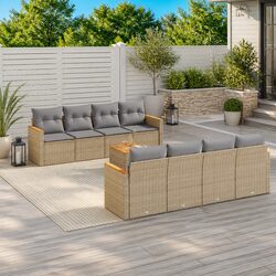 Outdoor Garden Sofa Set 9 Piece Beige Poly Rattan Patio Furniture with Storage