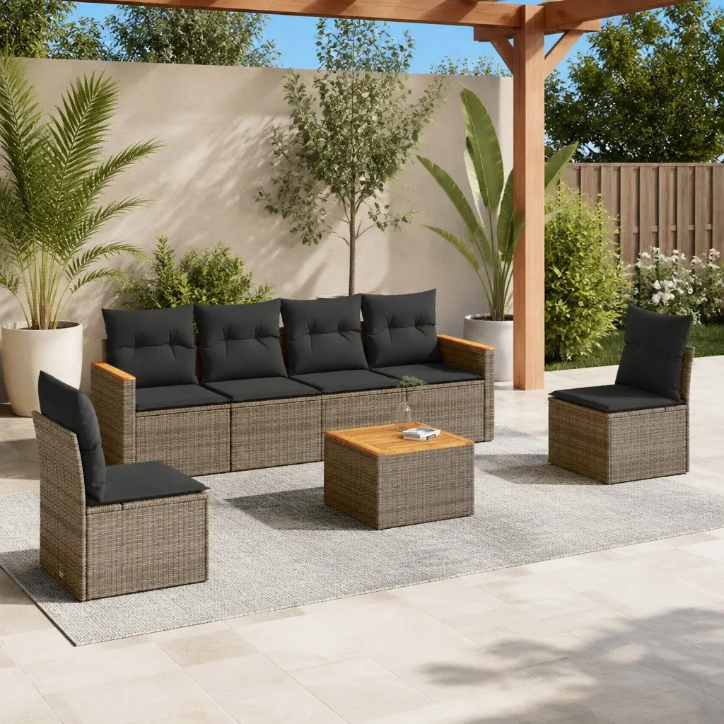 7 Piece Garden Sofa Set Grey Rattan Sectional Outdoor Furniture with Acacia Wood Tabletop