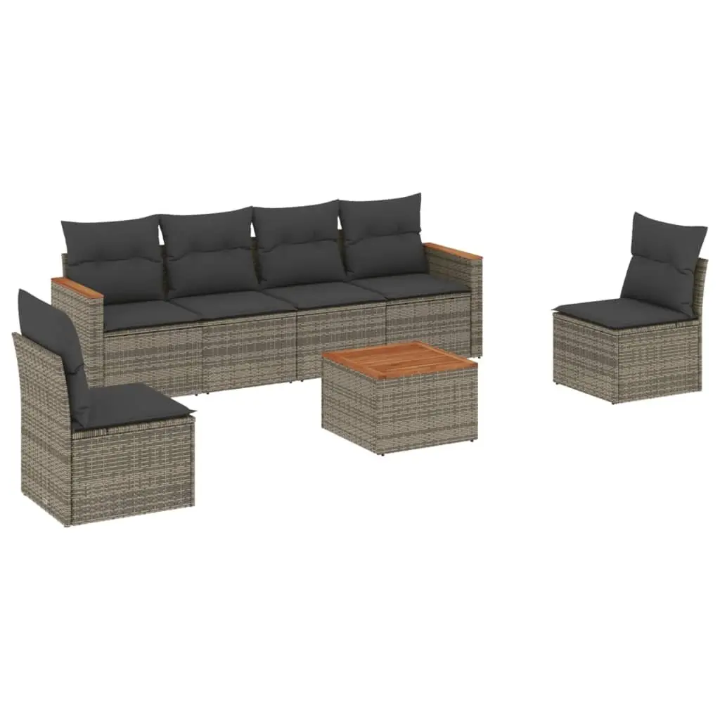 7 Piece Garden Sofa Set Grey Rattan Sectional Outdoor Furniture with Acacia Wood Tabletop