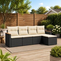 5 Piece Outdoor Garden Sofa Set Black Poly Rattan Patio Furniture with Cushions