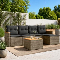 Garden Sofa Set 6 Piece Outdoor Furniture Grey Poly Rattan Patio Sectional with