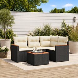 5 Piece Outdoor Garden Sofa Set with Storage Cushions Black Poly Rattan