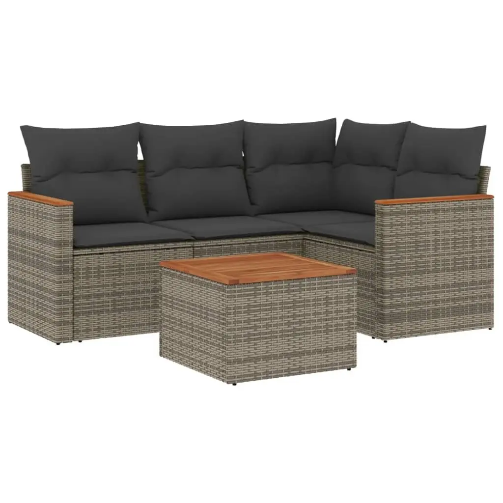 5 Piece Garden Sofa Set with Cushions Grey Poly Rattan Outdoor Patio Furniture