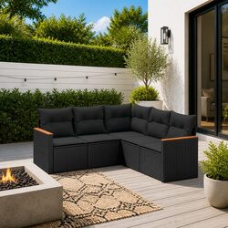 Garden Sofa Set 5 Piece Outdoor Patio Furniture Black Poly Rattan Modular