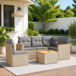 Garden Sofa Set 6 Piece Outdoor Furniture Beige Poly Rattan Patio Lounge With