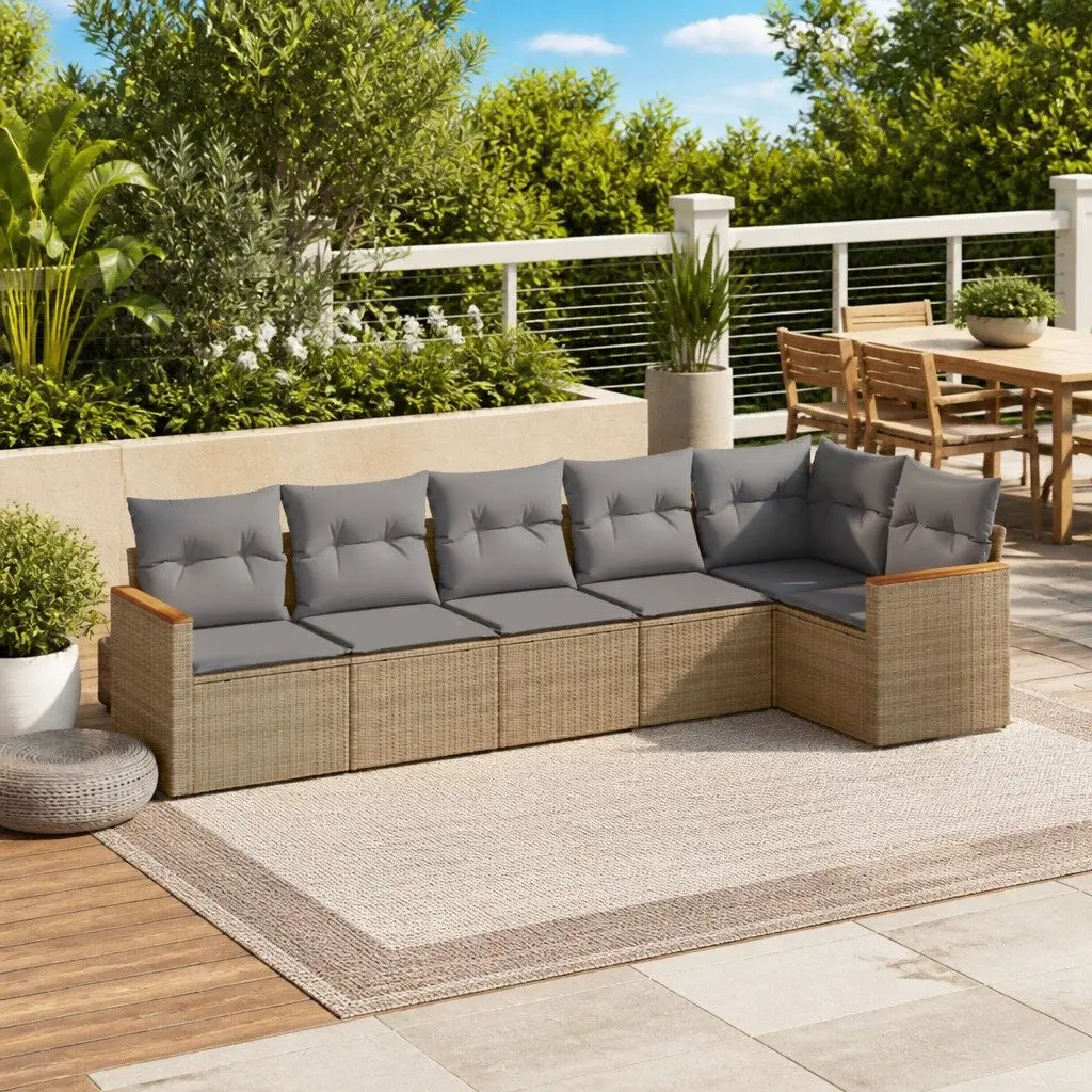 Garden Sofa Set Modular 6 Piece Outdoor Patio Furniture Beige Poly Rattan