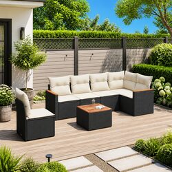 Garden Sofa Set 7 Piece Outdoor Furniture Patio Black Poly Rattan with Cushions