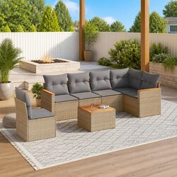 7 Piece Garden Sofa Set Outdoor Furniture Beige Poly Rattan with Cushions