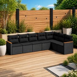 Garden Sofa Set 7 Piece Outdoor Furniture Black Poly Rattan Patio Lounge with