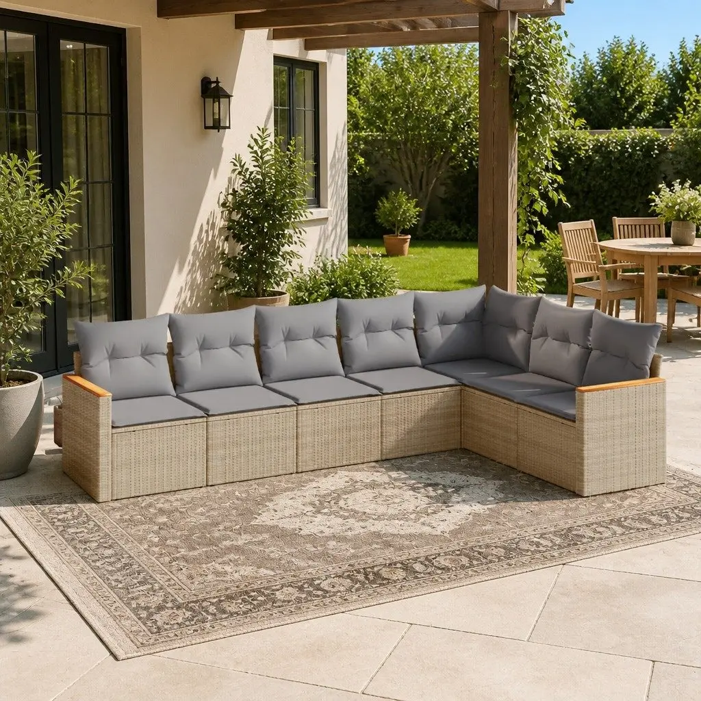 7 Piece Garden Sofa Set Beige Poly Rattan Outdoor Furniture Patio Cushions