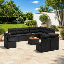 Garden Sofa Set 11 Piece Outdoor Furniture Black Poly Rattan Modular Patio