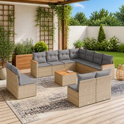 Garden Sofa Set 12 Piece Outdoor Furniture Patio Beige Poly Rattan with Cushions