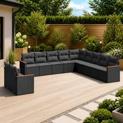 Garden Sofa Set 11 Pieces Outdoor Furniture Black Poly Rattan Modular Patio