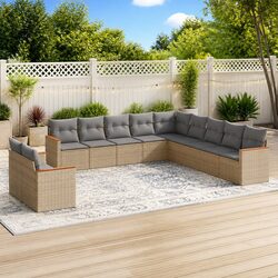 11 Piece Garden Sofa Set Beige Poly Rattan Outdoor Furniture Patio Sectional