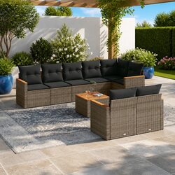 Outdoor Garden Sofa Set 9 Piece Grey Poly Rattan Patio Furniture with Cushions