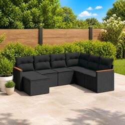 7 Piece Garden Sofa Set with Cushions Black Poly Rattan Outdoor Furniture