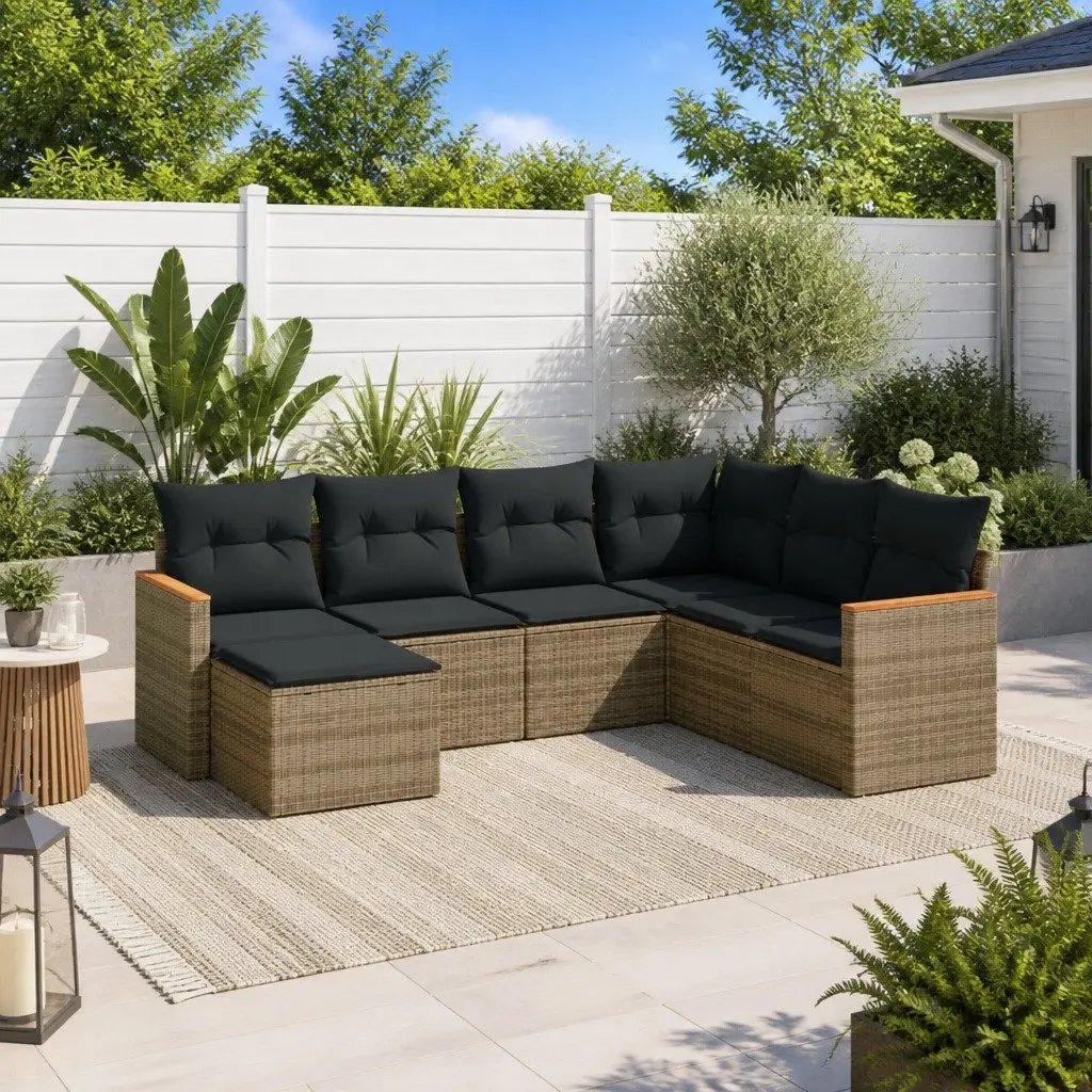 7 Piece Garden Sofa Set with Cushions Outdoor Patio Furniture Grey Poly Rattan
