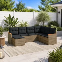 7 Piece Garden Sofa Set with Cushions Outdoor Patio Furniture Grey Poly Rattan
