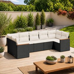 7 Piece Outdoor Garden Sofa Set with Storage Cushions Black Poly Rattan Patio