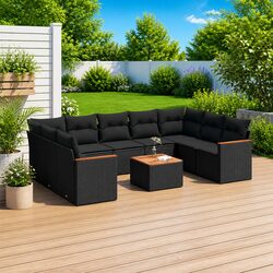 Garden Sofa Set 10 Piece Outdoor Furniture Patio Black Poly Rattan Modular