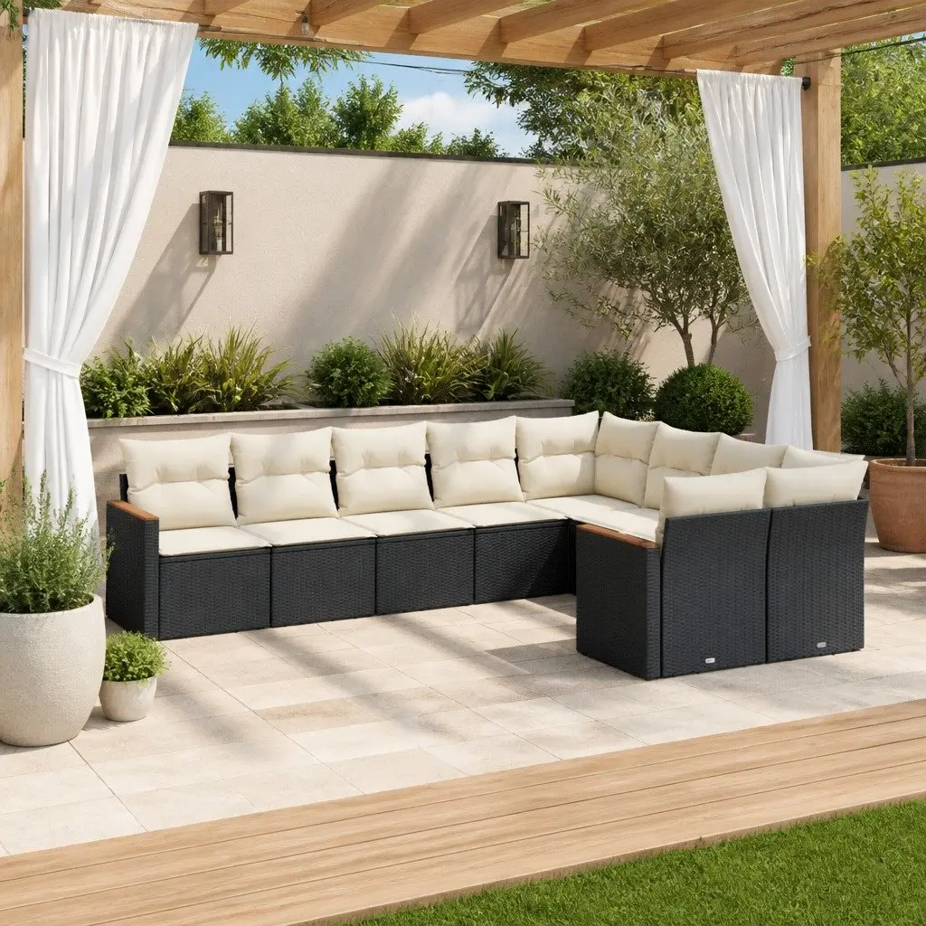 Garden Sofa Set Modular 9 Piece Black PE Rattan Outdoor Furniture with Cushions