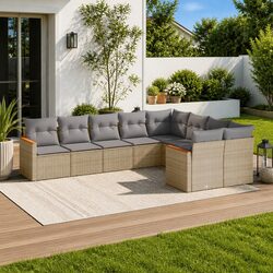 Garden Sofa Set 9 Piece Outdoor Furniture Beige Poly Rattan Patio Seating with