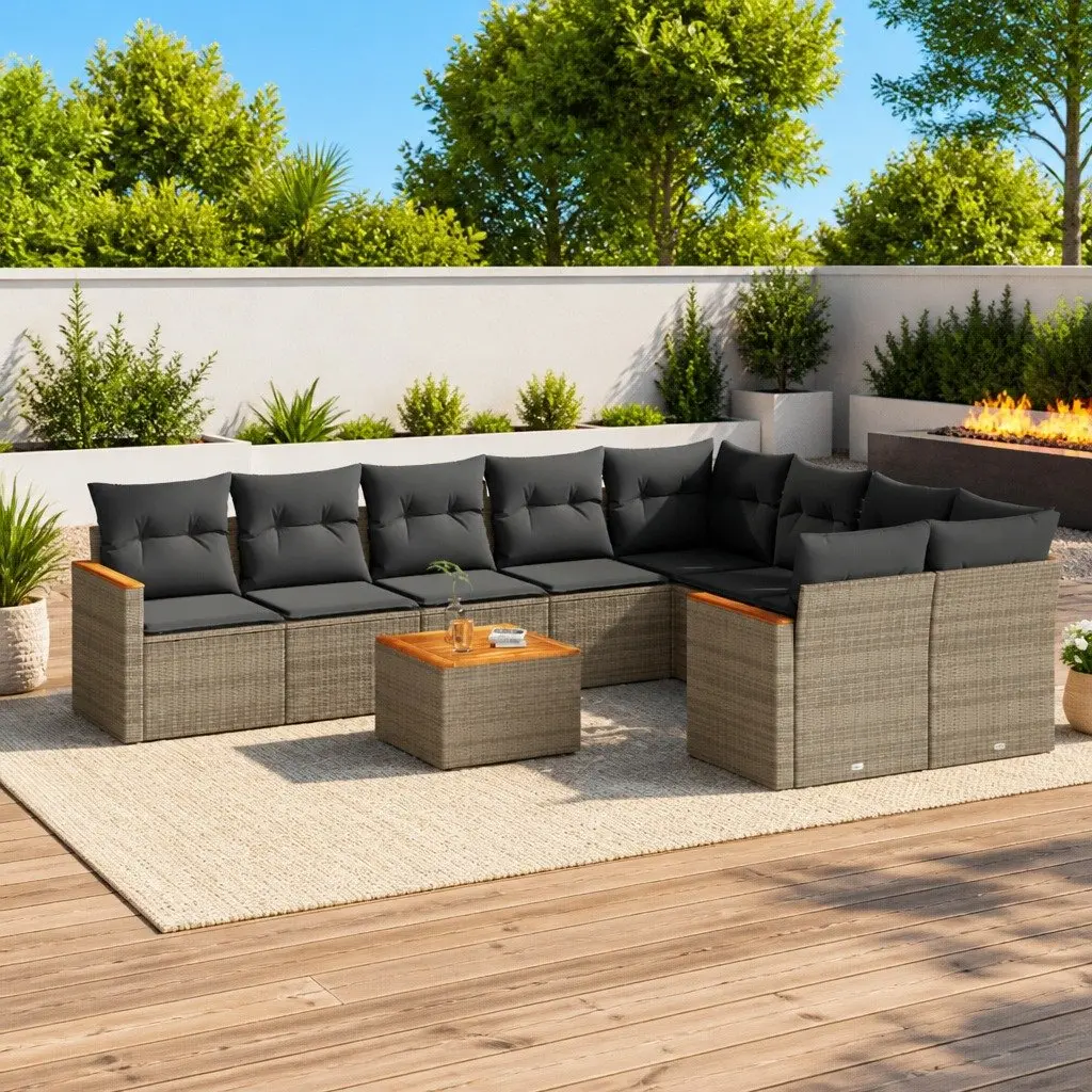 10 Piece Outdoor Garden Sofa Set Grey PE Rattan Patio Furniture with Cushions