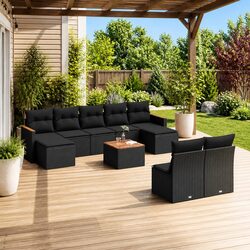 Outdoor Garden Sofa Set 10 Piece Black Poly Rattan Patio Furniture with Cushions