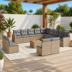 Garden Sofa Set 14 Piece Outdoor Furniture Beige Poly Rattan Patio Sectional
