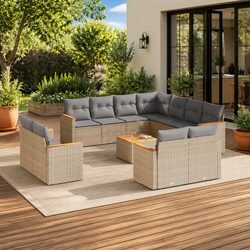 Garden Sofa Set 12 Piece Outdoor Furniture Beige Poly Rattan Patio Seating With