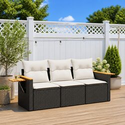 3 Piece Outdoor Garden Sofa Set with Storage Black Poly Rattan Patio Furniture