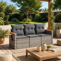 Garden Sofa Set 3 Piece Outdoor Furniture Cushions Storage Grey Poly Rattan