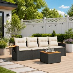 Outdoor Garden Sofa Set 5 Piece Black Poly Rattan Patio Furniture with Cushions