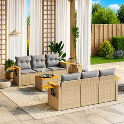 7 Piece Garden Sofa Set with Cushions Beige Poly Rattan Outdoor Furniture