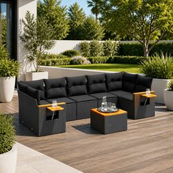 Garden Sofa Set 8 Piece Outdoor Furniture with Cushions Black Poly Rattan
